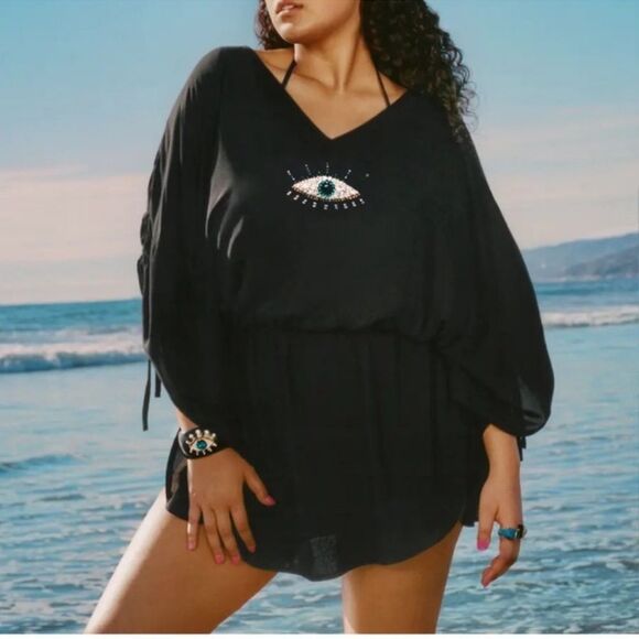 Kurt Geiger London Black evil Eye-Embellished Swim Cover-Up - Picture 3 of 12